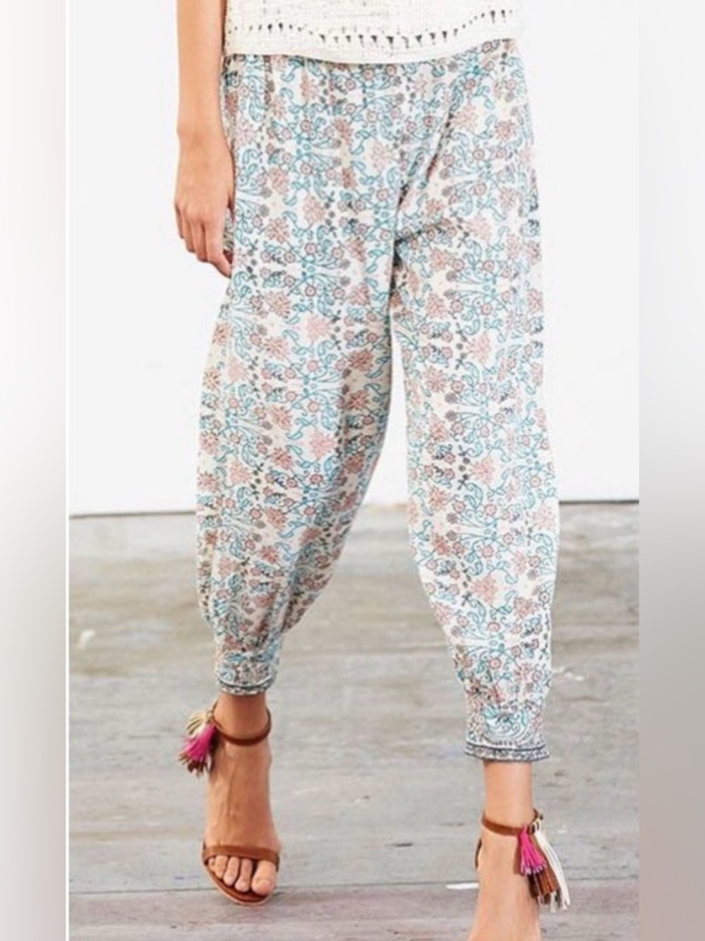 Ulla Johnson Suki Floral Print Cotton Smocked Waist Harem Pants Blue Pink Boho S